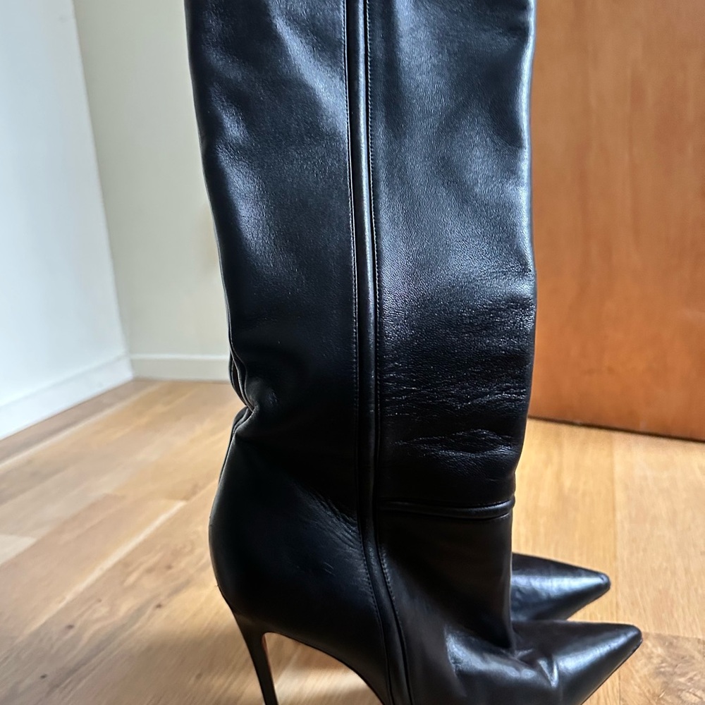 Christian Louboutin Black Leather Over-the-Knee Pointed Stiletto Boots